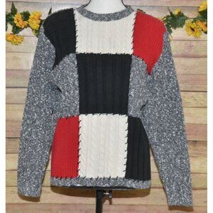 Liz Claiborne Women's Size L Gray Red Black Patchwork Sweater Chunky Knit Warm